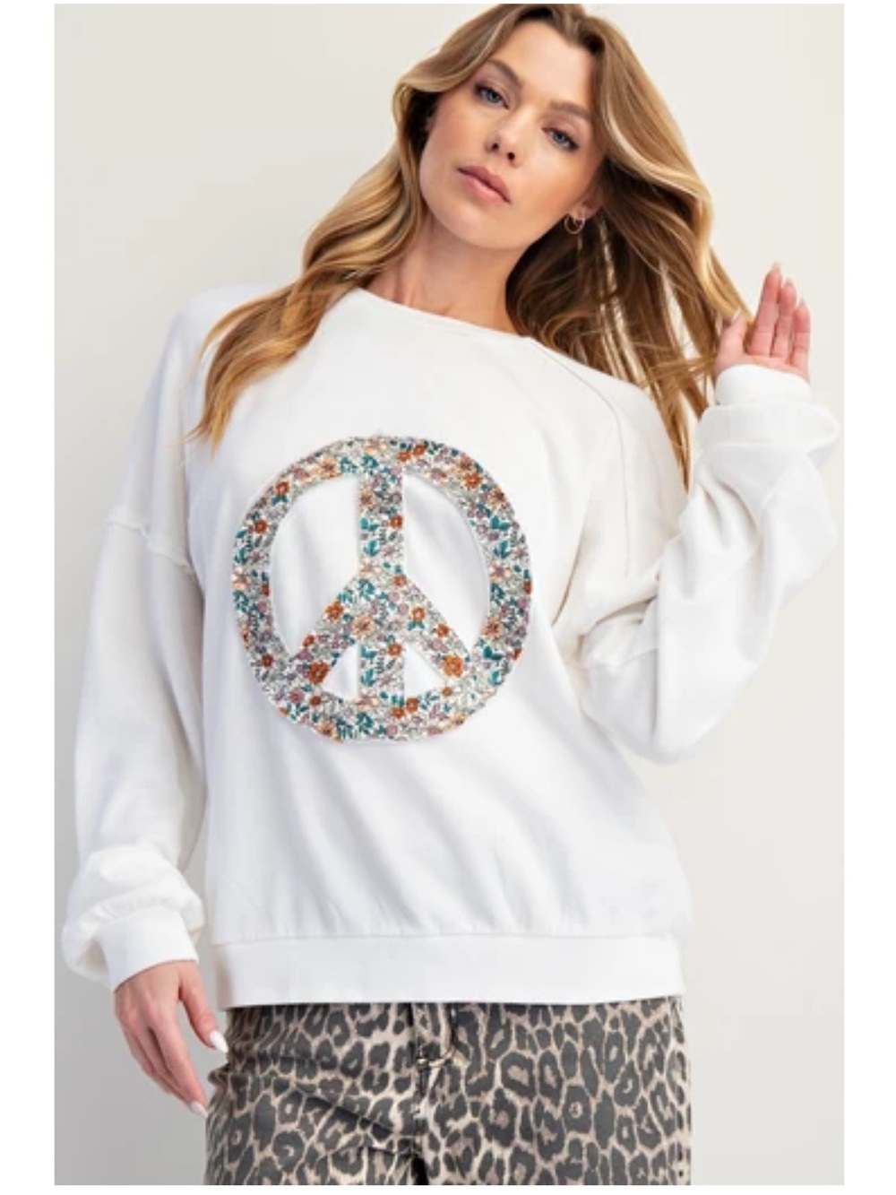 New:Easel Boho Patchwork Floral Peace Sign Cotton Knit Long Sleeve Pullover• S